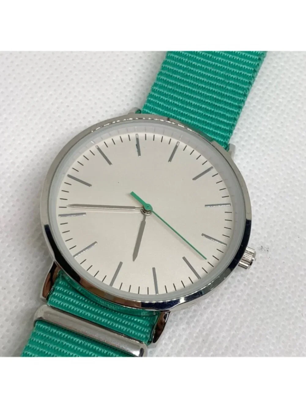 Mspci silver tone watch 38mm quartz analog adjustable green nylon band  running